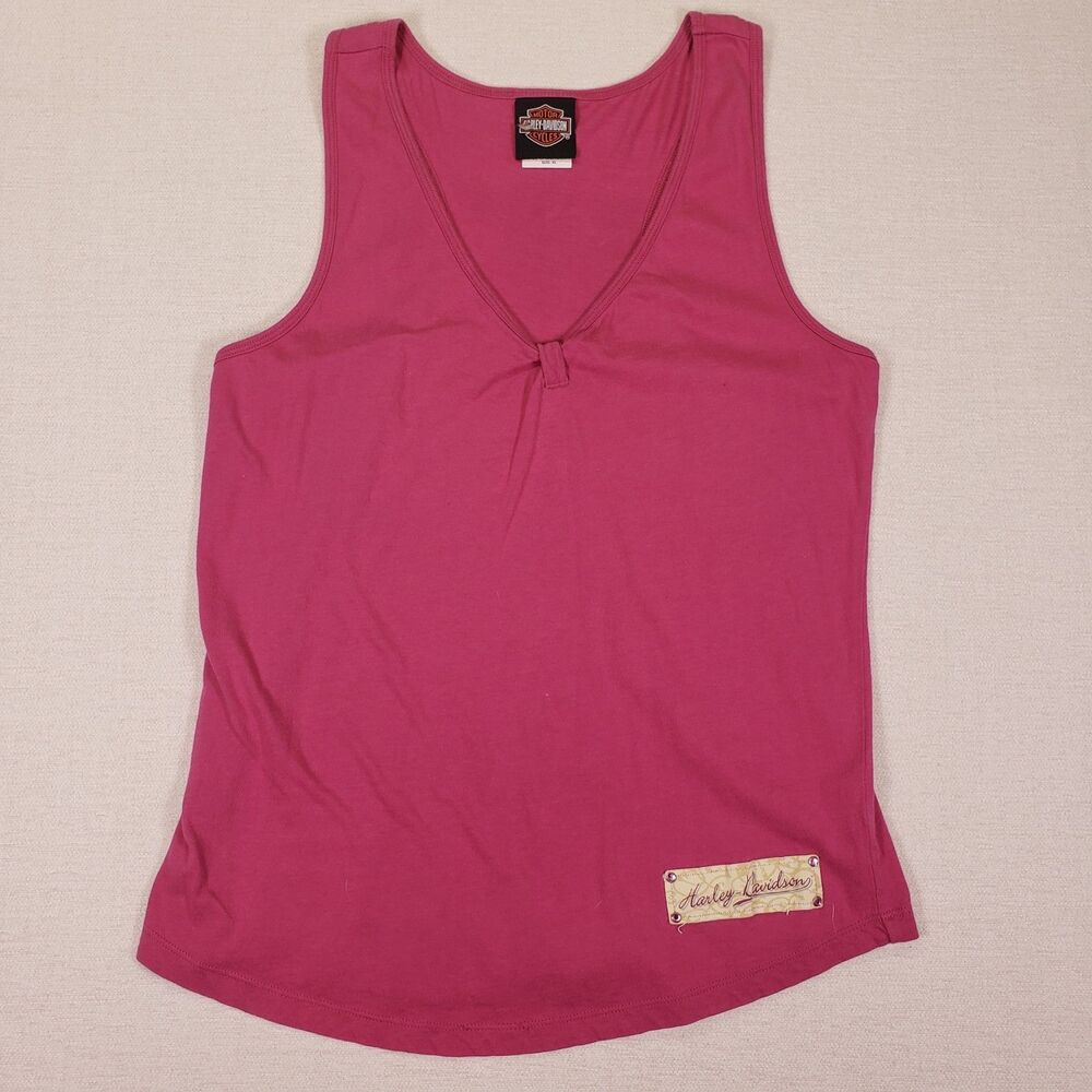 Harley-Davidson Womens XL V Neck Tank Top Pink Cotton Graphic Scoop Hem